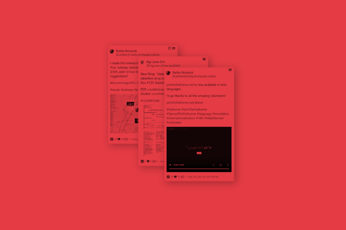A tinted screenshot of three embedded Mastodon posts.