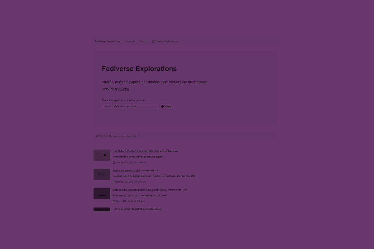 A tinted screenshot of the fediverseexplorations.org website, showing the page title, description, and a list of studies.