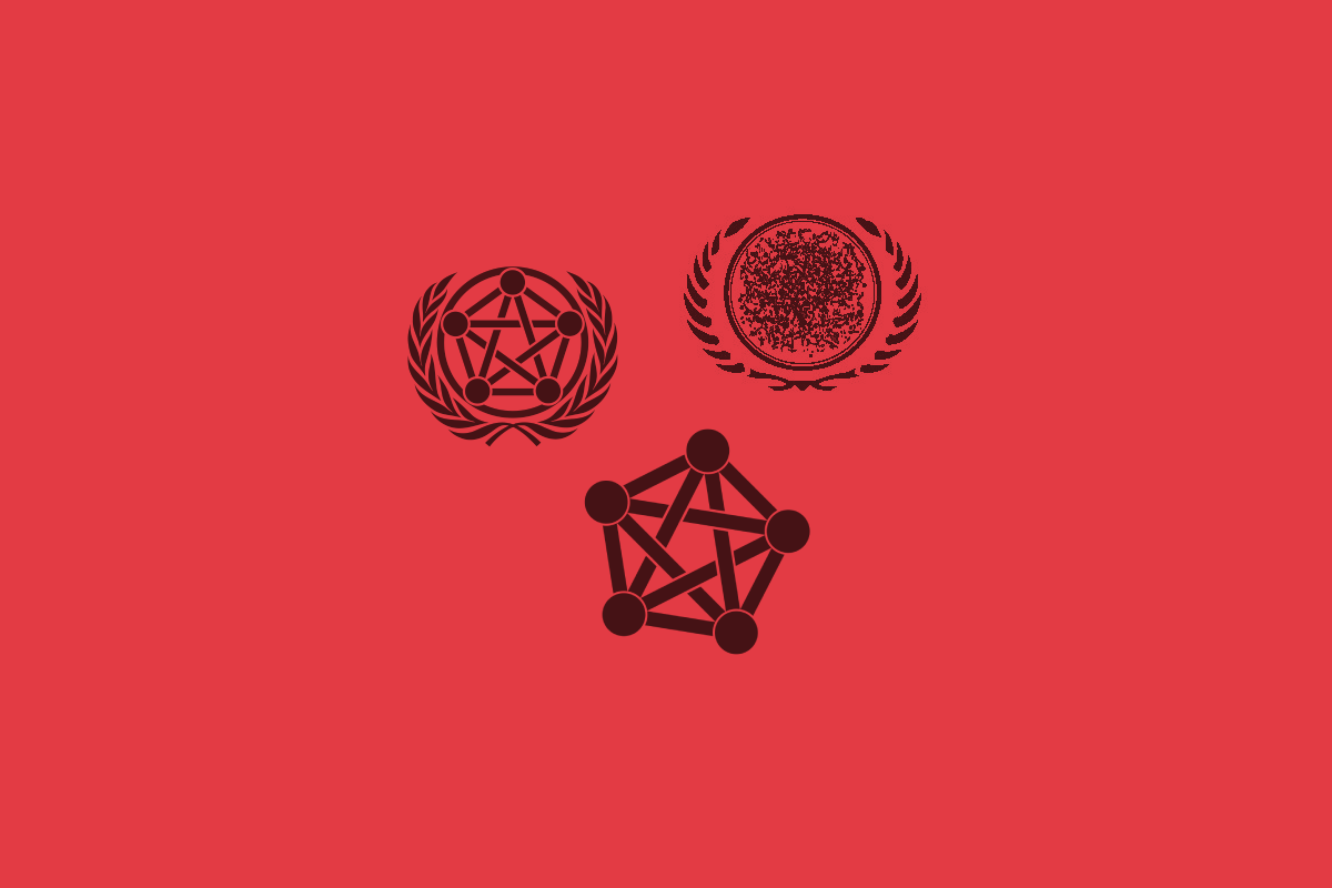 Three proposed fediverse logos: – an older version of the current fediverse logo, five filled-in circles aranged in a pentagon shape, with each circle connected to each other, forming a pentagram-like shape, surrounded by a circle and two wreaths on the side – the “Federation era” logo that replaces the pentagram from the first logo with random squiggles to represent “the chaotic nature of the fediverse”; the design of the wreaths is simplified – a “classic” fediverse logo, a variation on the first design with the “pentagram” slightly tilted to one side and with the circle and wreaths removed.