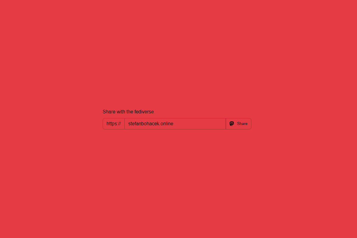 A color-tinted screenshot of the fediverse sharing button interface, which consists of an input field for the domain name and a share button preceded by an icon matching the platform.