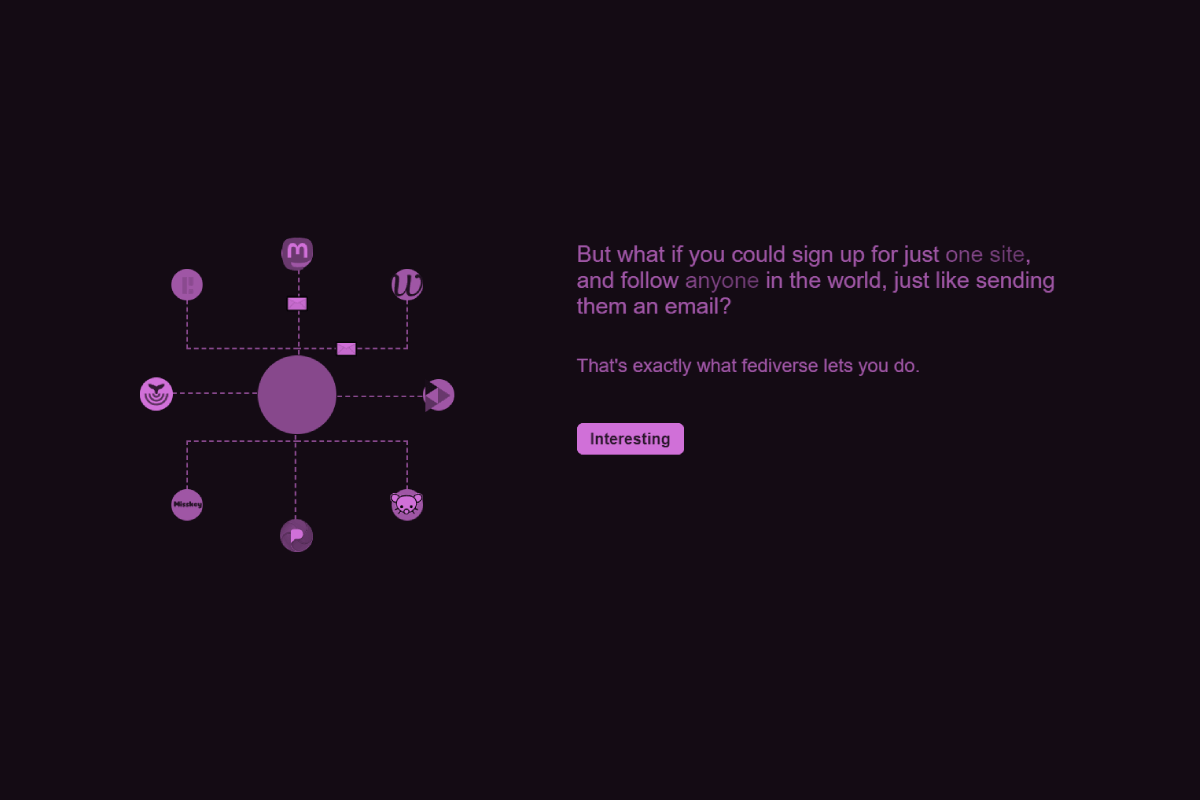 A tinted screenshot of a section of the jointhefediverse.net explaining how the fediverse works.