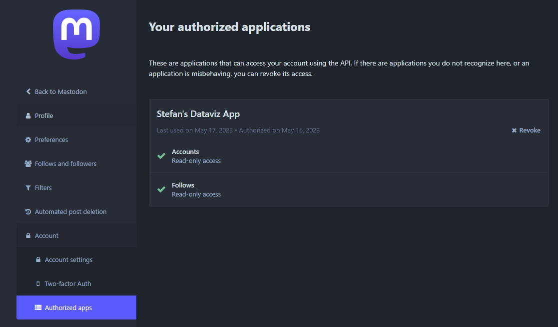 A screenshot from Mastodon settings page showing authorized applications.