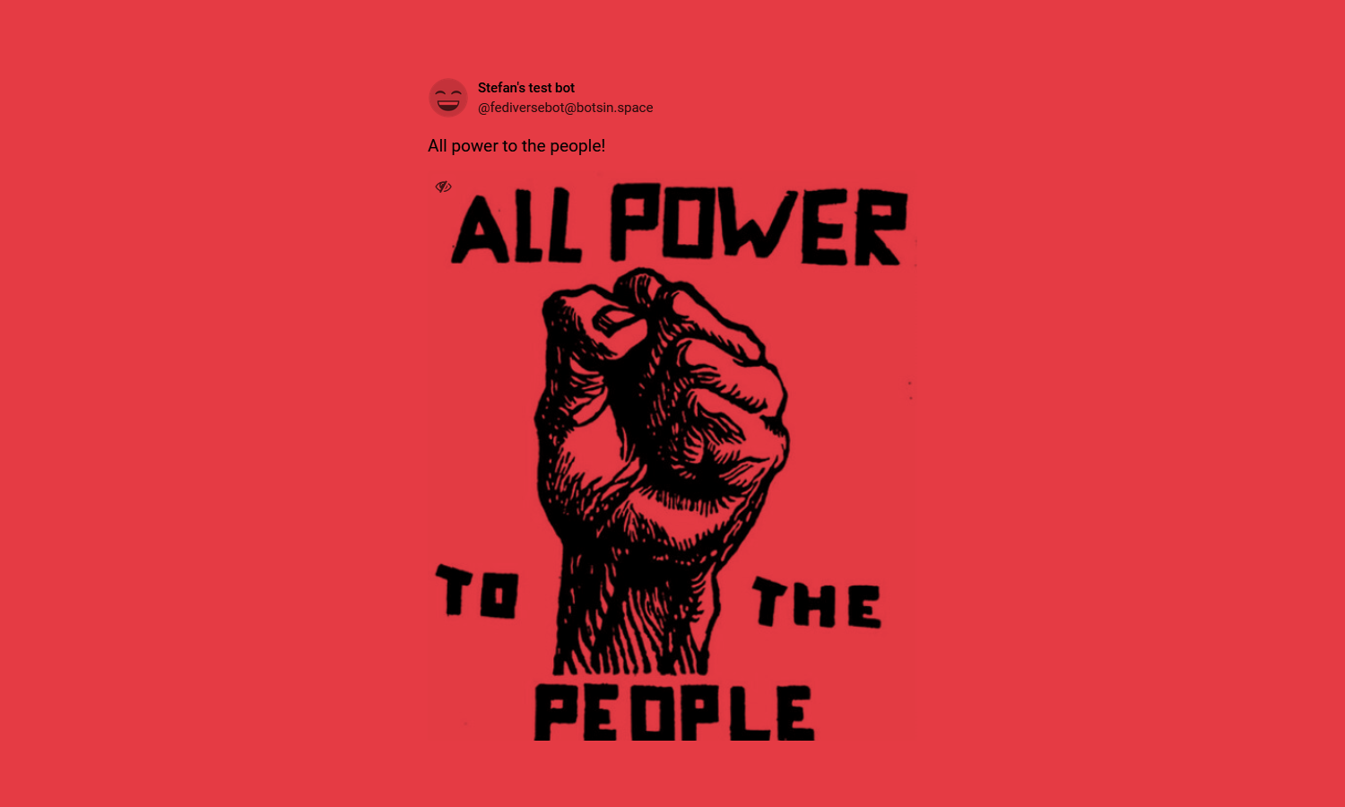 Screenshot of the finished Mastodon bot posting a protest art image with a raised fist in solidarity.