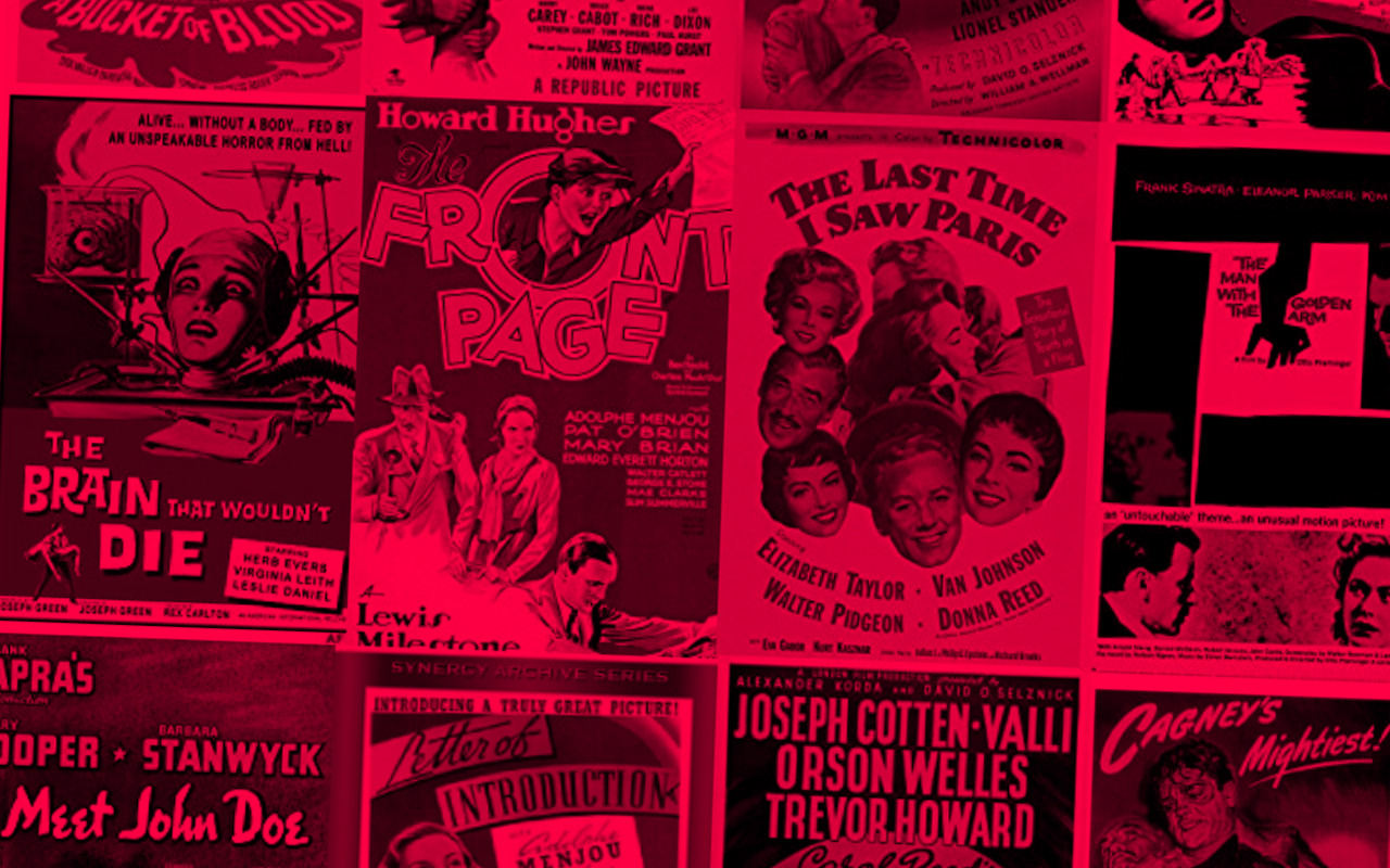 A tinted collage of various public domain film posters.