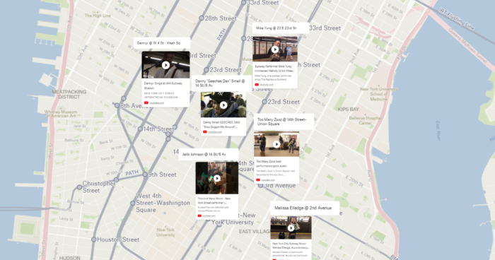 A screenshot showing YouTube video thumbnails laid out on an NYC map.