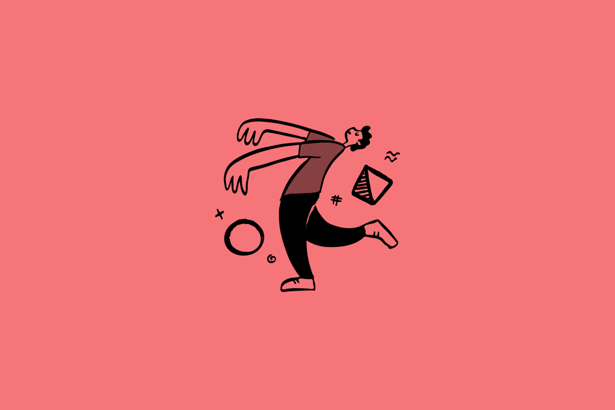 A simplified, stylized illustration of a person viwed from a side, sleep-walking, with their eyes closed, arms raised, and back arched backwards in an exaggerated way. Floating around the person are a few geometric shapes.