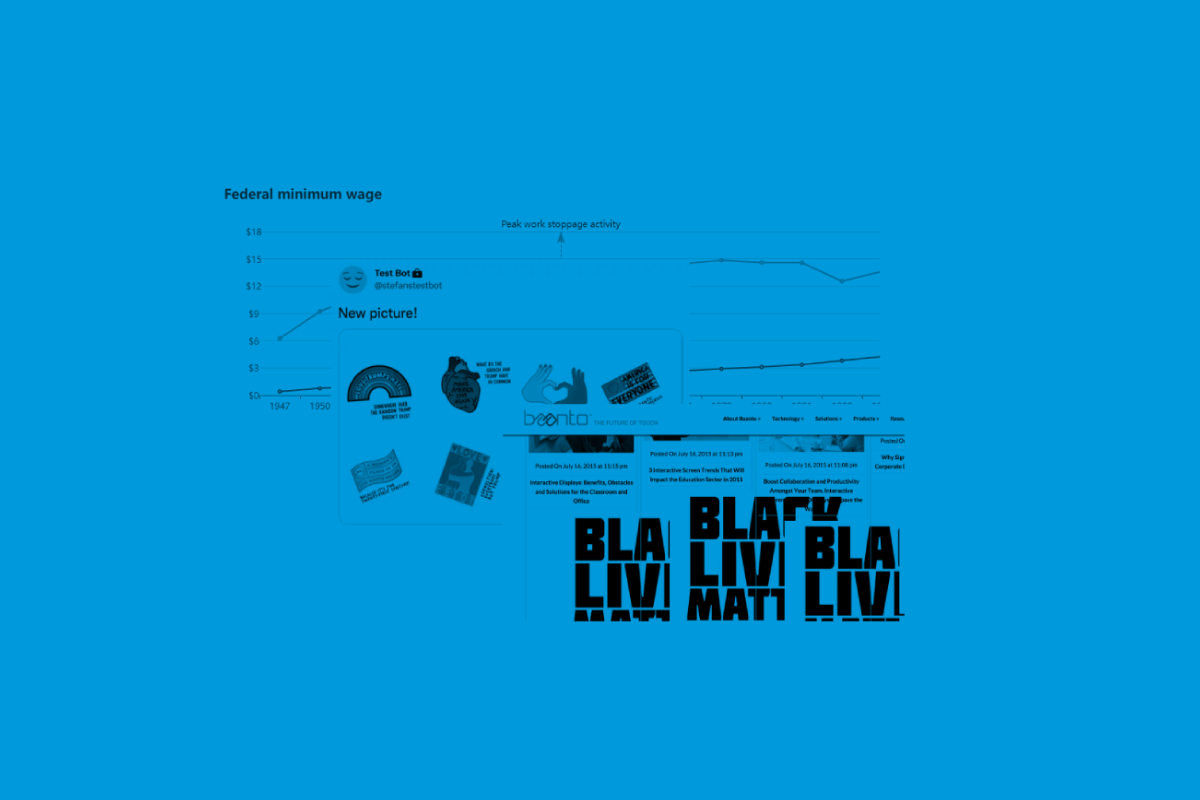 A tinted collage of overlapping header images from other articles I wrote: A chart comparing worker strike activity to the US federal minimum wage, a tweet from a bot posting protest art, and a random website trying to hotlink images from my site, showing a Black Lives Matter logo instead.
