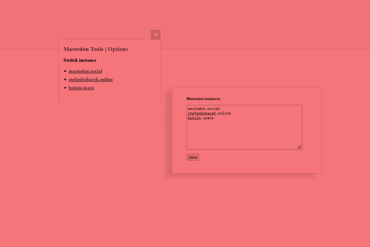A tinted composite of screenshots of the main extension menu showing a customized list of instances, and the settings page.