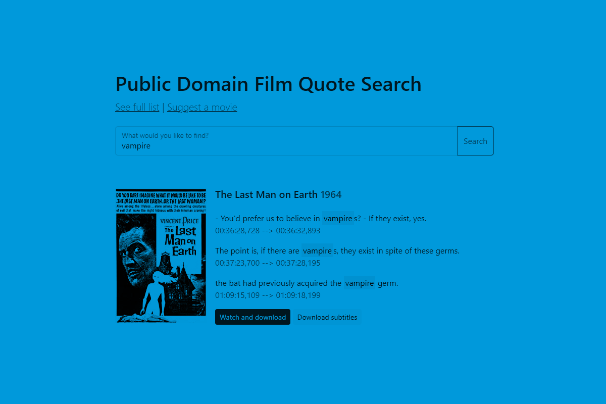 A tinted screenshot of the Public Domain Film Quote Search site showing results for the word “vampire”.