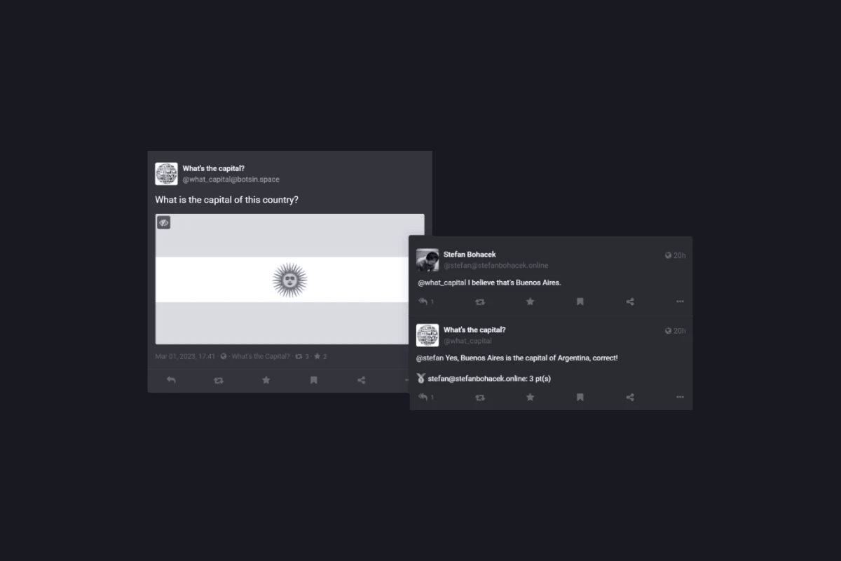 A tinted screenshot showing the finished bot posting a flag and asking about a corresponding capital, followed by a reply from me with a correct answer, and the bot accepting it.