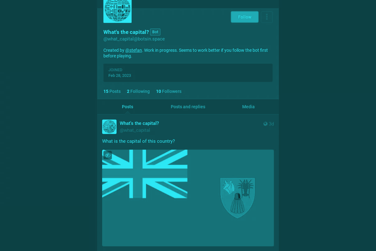 A tinted screenshot of the bot’s profile page on botsin.space.
