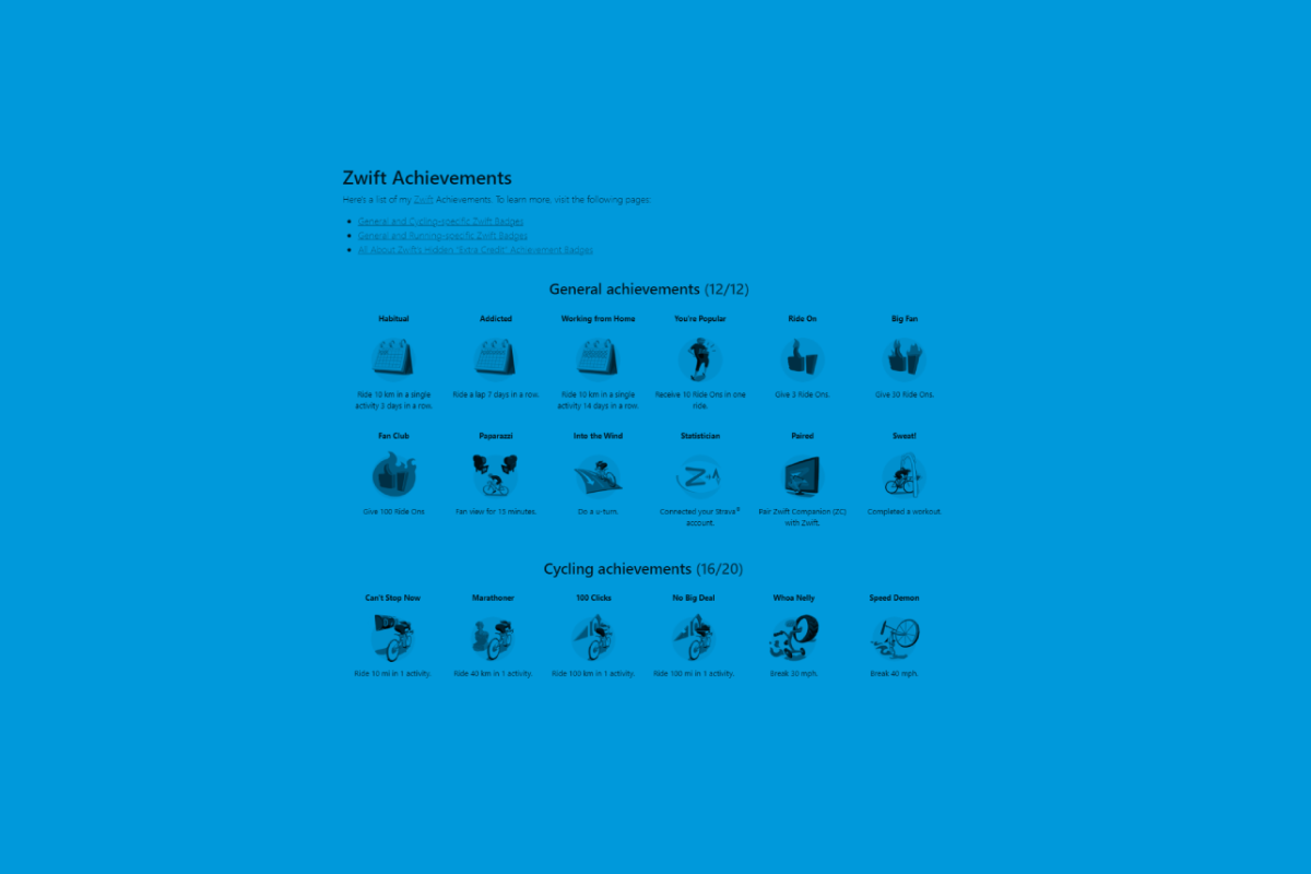 A tinted screenshot of an example showcase with achievement badges organized in groups of grids of images, each group labeled with a section title.